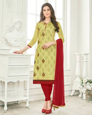 Green embroidered cotton salwar with dupatta 1