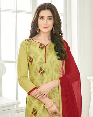 Green embroidered cotton salwar with dupatta 2