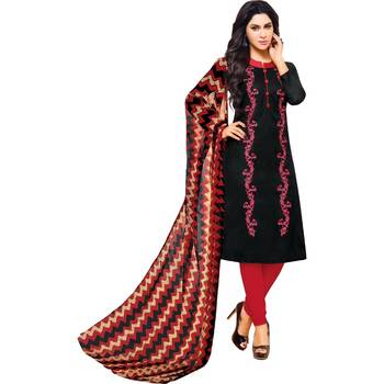 Black & Red Jacquard Cotton Printed & Embroidered Salwar Suit For Women 1