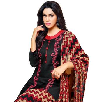 Black & Red Jacquard Cotton Printed & Embroidered Salwar Suit For Women 4