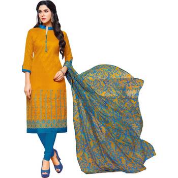  Mustard & Sky Blue Jacquard Cotton Printed & Embroidered Salwar Suit For Women 1