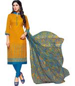  Mustard & Sky Blue Jacquard Cotton Printed & Embroidered Salwar Suit For Women