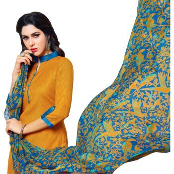  Mustard & Sky Blue Jacquard Cotton Printed & Embroidered Salwar Suit For Women 5