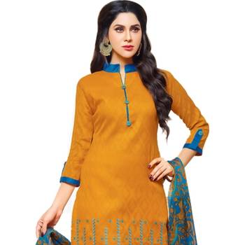  Mustard & Sky Blue Jacquard Cotton Printed & Embroidered Salwar Suit For Women 6