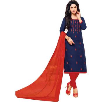 Navy Blue & Red Jacquard Cotton Printed & Embroidered Salwar Suit For Women 1