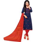 Navy Blue & Red Jacquard Cotton Printed & Embroidered Salwar Suit For Women