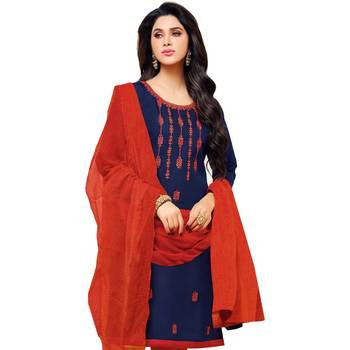 Navy Blue & Red Jacquard Cotton Printed & Embroidered Salwar Suit For Women 4