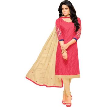 Pink & Cream Cotton Embroidered & Mirror Work Salwar Suit For Women 3