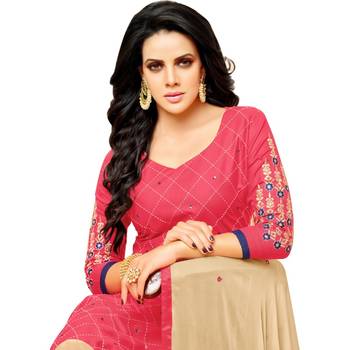 Pink & Cream Cotton Embroidered & Mirror Work Salwar Suit For Women 4
