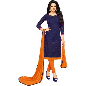 Blue & Orange Cotton Embroidered & Mirror Work Salwar Suit For Women 1