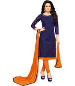 Blue & Orange Cotton Embroidered & Mirror Work Salwar Suit For Women