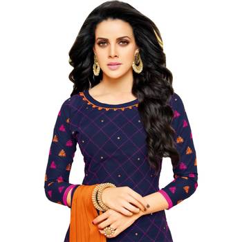 Blue & Orange Cotton Embroidered & Mirror Work Salwar Suit For Women 4