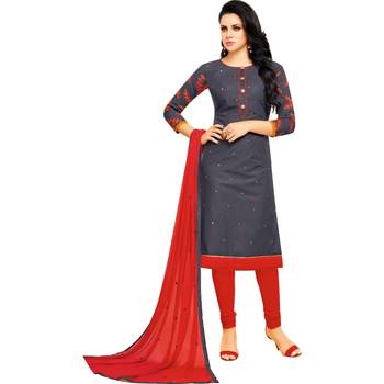 Gray & Red Cotton Embroidered & Mirror Work Salwar Suit For Women 1