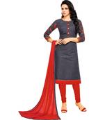 Gray & Red Cotton Embroidered & Mirror Work Salwar Suit For Women