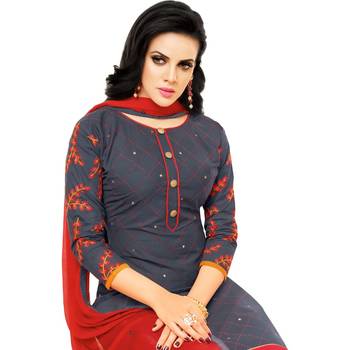 Gray & Red Cotton Embroidered & Mirror Work Salwar Suit For Women 5