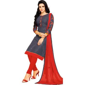 Gray & Red Cotton Embroidered & Mirror Work Salwar Suit For Women 6
