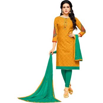 Mustard & Sea Green Cotton Embroidered & Mirror Work Salwar Suit For Women 1