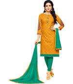 Mustard & Sea Green Cotton Embroidered & Mirror Work Salwar Suit For Women