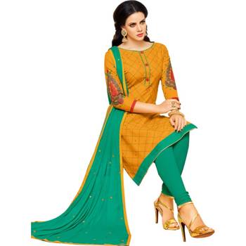 Mustard & Sea Green Cotton Embroidered & Mirror Work Salwar Suit For Women 5