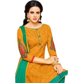Mustard & Sea Green Cotton Embroidered & Mirror Work Salwar Suit For Women 6