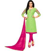 Parrot Green & Pink Cotton Embroidered & Mirror Work Salwar Suit For Women