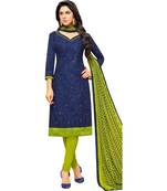 Blue & Parrot Green Cotton Embroidered & Mirror Work Salwar Suit For Women