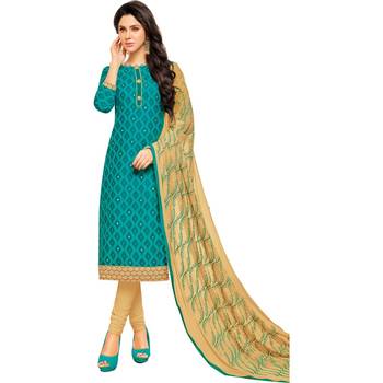 Rama Green & Beige Cotton Embroidered & Mirror Work Salwar Suit For Women 1