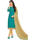 Rama Green & Beige Cotton Embroidered & Mirror Work Salwar Suit For Women