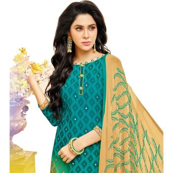 Rama Green & Beige Cotton Embroidered & Mirror Work Salwar Suit For Women 4