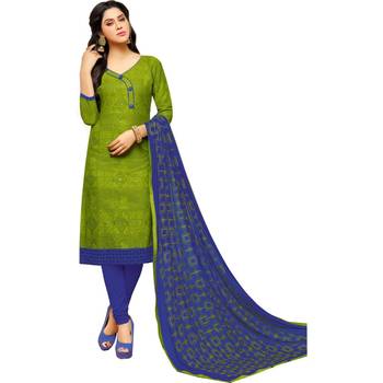 Parrot Green & Blue Cotton Embroidered & Mirror Work Salwar Suit For Women 1