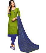 Parrot Green & Blue Cotton Embroidered & Mirror Work Salwar Suit For Women