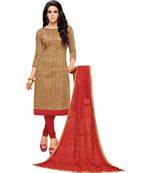 Light Brown & Red Chanderi Cotton Embroidered & Mirror Work Salwar Suit For Women