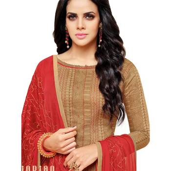 Light Brown & Red Chanderi Cotton Embroidered & Mirror Work Salwar Suit For Women 4