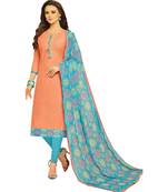 Peach & Sky Blue Cotton Women's Dress Material With Phulkari Dupatta