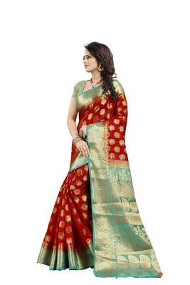 Red Woven Art Silk Banarasi Saree With Blouse 2