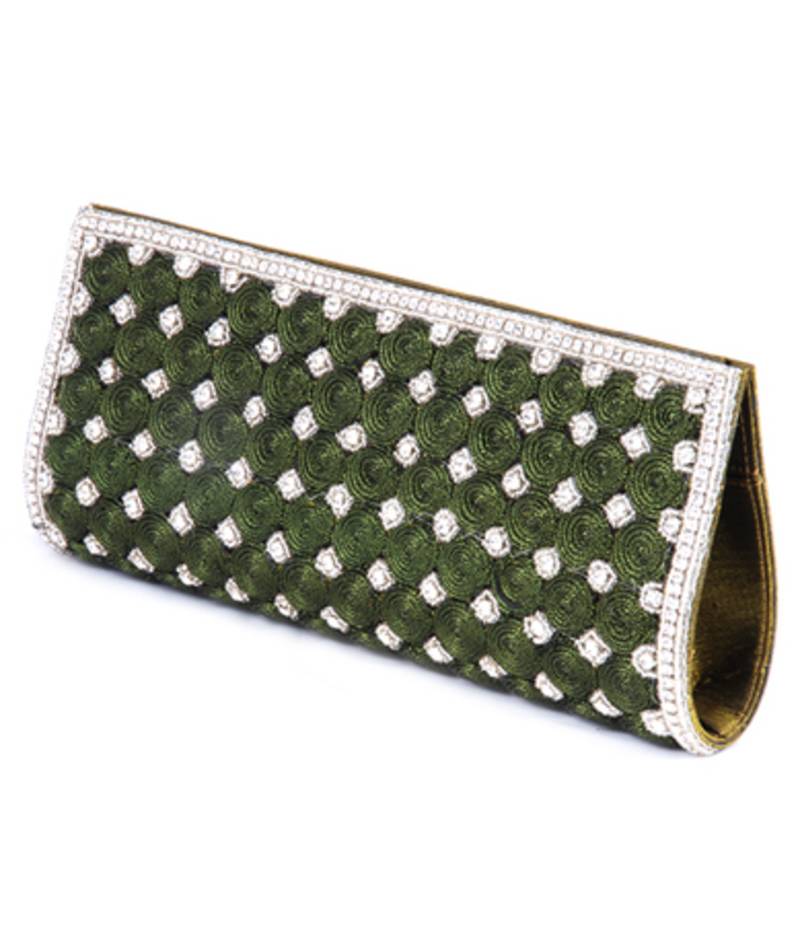 Abqa olive green crystal studded clutch with art silk thread work.
