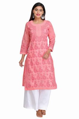 Peach Embroidered Cotton Chikankari Kurti 1