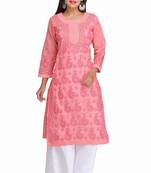 Peach Embroidered Cotton Chikankari Kurti