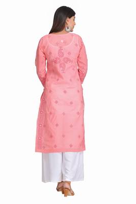 Peach Embroidered Cotton Chikankari Kurti 2