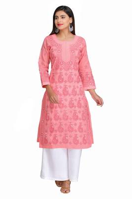 Peach Embroidered Cotton Chikankari Kurti 3