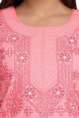 Peach Embroidered Cotton Chikankari Kurti 4