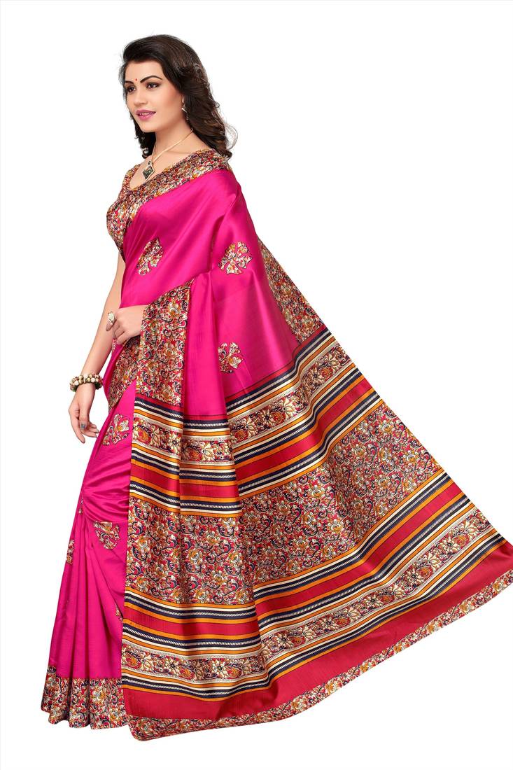 Pink Floral Printed Silk Blend Saree 
With Unstitched Blouse Piece main image 0