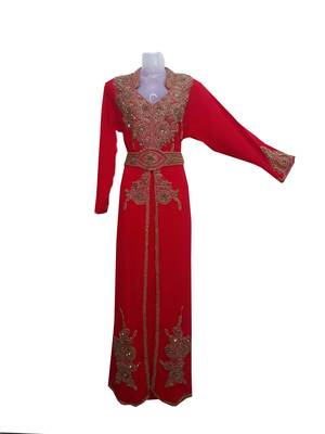 Red Georgette Islamic Kaftan With Zari And Stone Work 1