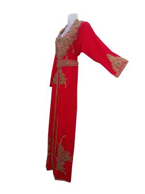 Red Georgette Islamic Kaftan With Zari And Stone Work 3