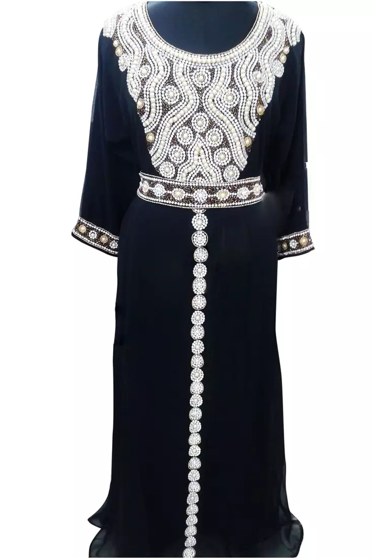 Black Georgette Islamic Kaftan With Zari And Stone Work