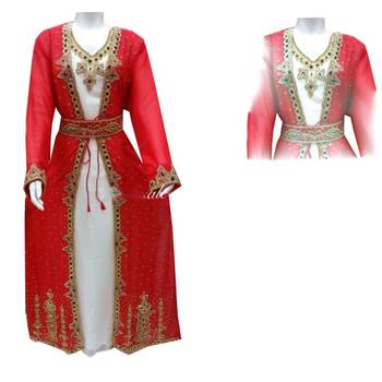 Red And Off White Georgette Islamic Kaftan With Zari And Stone Work 1