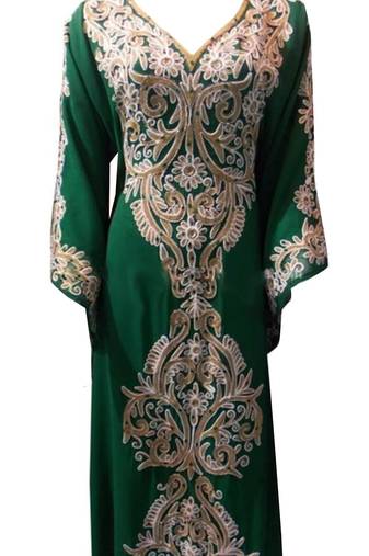 Green Georgette Islamic Kaftan With Machine Work Embroidery