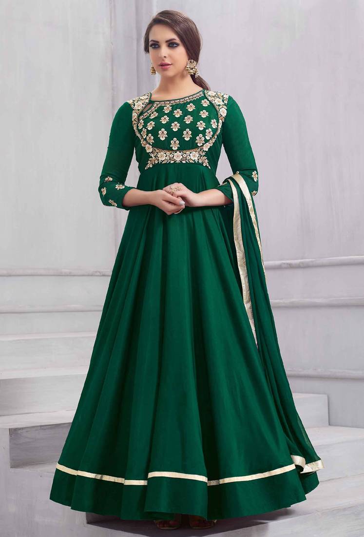 Dark-green embroidered taffeta salwar with dupatta - Monjolika - 2680605
