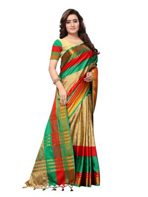 Beige woven art silk saree with blouse 3