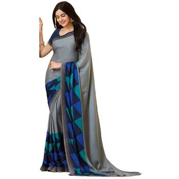 Grey printed georgette saree with blouse 1